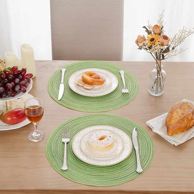 SHACOS Round Placemats Set of 6 for Dining Tables 15 inch Cotton Braided Placemats Washable Reversible for Kitchen Holiday Party (Mixed Color Pea Green, 6)