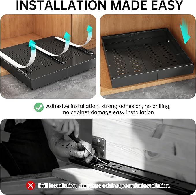 Pull out Cabinet Organizer, 1 pack, 20.5" Deep Heavy Slide out Drawers, Upgrade Three Triple-Slide Rail Systems, Expandable 12.8"-20.8" Roll out Shelf Storage for Kitchen Base Cabinet Organization