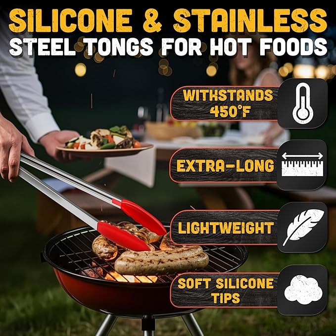 17.3" Extra Long Tongs with Silicone Tip & Stainless Steel Frame — BBQ Tongs for Grilling & Serving, Summer Kitchen Tool for BBQ Steaks, Burgers & Veggies — Outdoor Salad Server with Non-Slip Grip