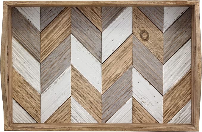 Stonebriar Decorative Rectangle Multicolor Chevron Wood Tray with Handles, 18" x 12"