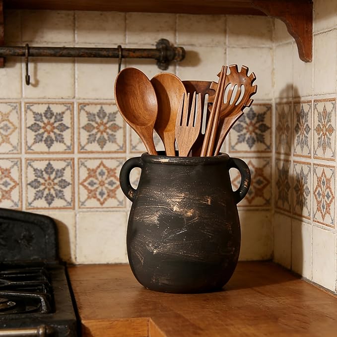 Rustic Kitchen Utensil Holder for Countertop, Ceramic Utensil Crock for Kitchen Counter,Farmhouse Spatula Organizer for Countertop, Vintage Crock Decor, Ideal Housewarming Gift (Black)