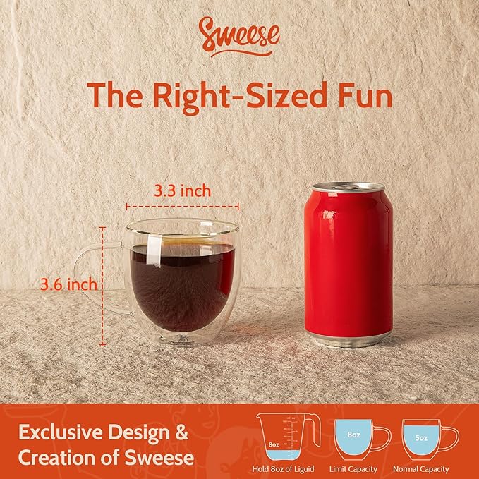 Sweese Clear Coffee Mugs - 8 oz Double Wall Glass Coffee Mugs Set of 4, Perfect for Espresso, Latte, Cappuccino