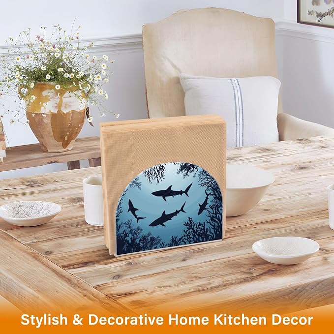 Fustylead Swimming Sharks Ocean Animal Napkin Holder for Table Acrylic Vertical Napkin Holders for Paper Napkins Decor Napkin Dispenser for Home Party Dining Cocktail Kitchen Accessories, 2 Pack