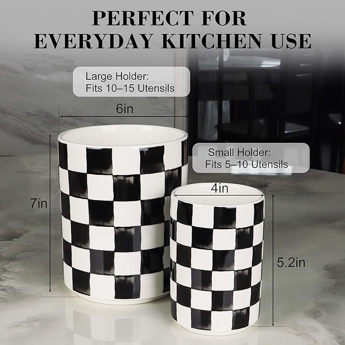 Utensil Holder, 7.2"+5.4" Checkered Ceramic Utensils Holder, Large and Small Utensil Crocks for Kitchen Counter, Spatula Holder, Farmhouse Kitchen Decor