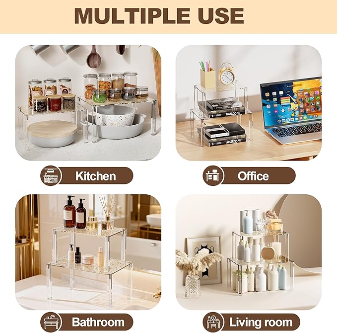 Acrylic Cabinet Organizer, Set of 4 Stackable Spice Rack for Kitchen Organizer Storage Countertop Spice Organization for Cabinet Display Shelves(Gold)