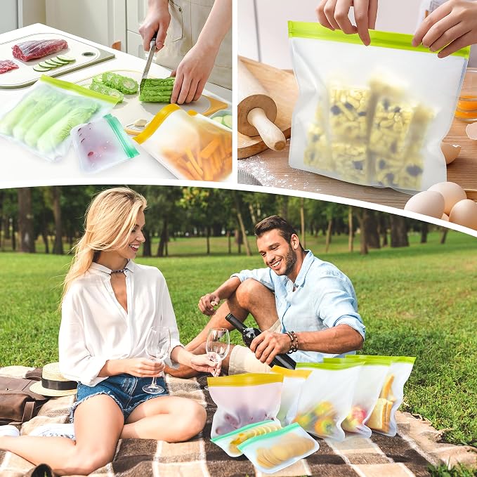 8 Pack Silicone Bags Reusable Storage Silicone Bags-3 Reusable Gallon Freezer 3 Sandwich 2 Snack Bags, Leakproof Food Storage Containers for Home Work