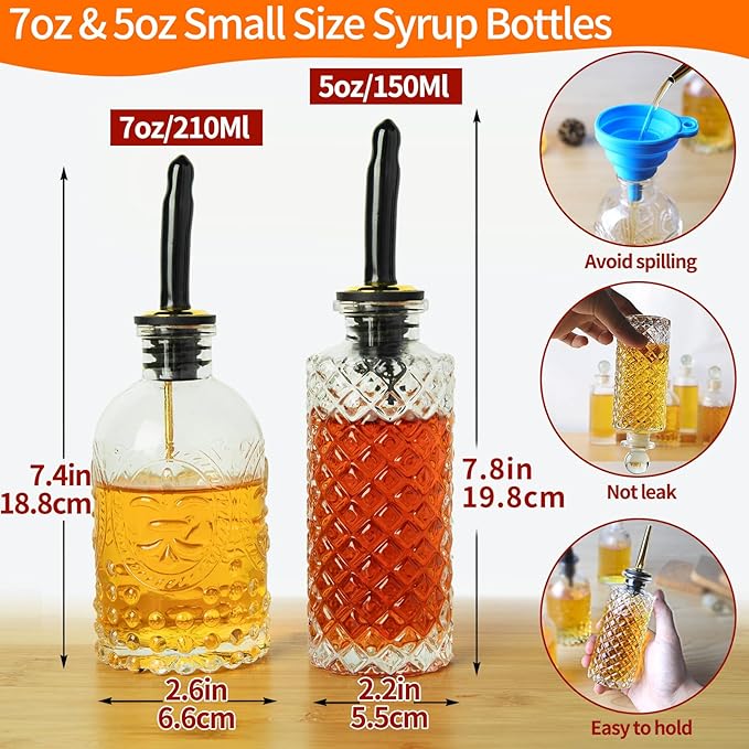Coffee Syrup Dispenser Bottles Set 6 Pack 7 OZ, Simple Small Glass Syrup Bottles for Coffee Bar with Metal Pour Spout Ideal for Coffee Syrups, Honey