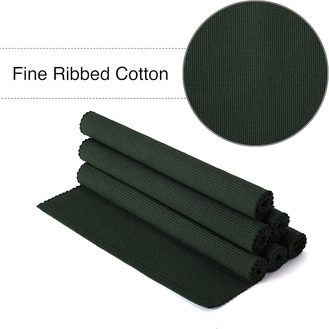 Encasa XO Dining Placemat Set of 6 | Dark Green Color | Fine Ribbed Cotton Table mat | Size 19x13 in | Machine Washable