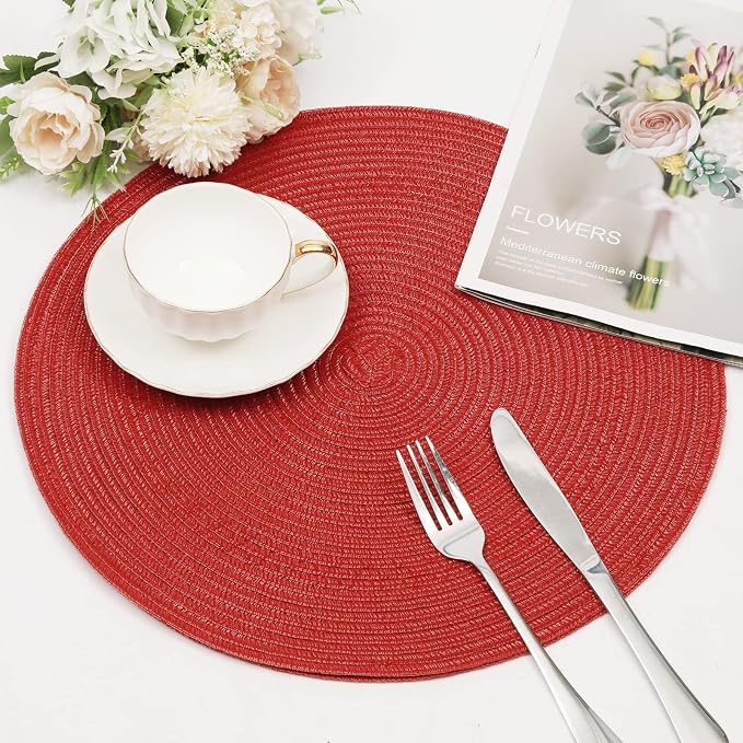 SHACOS Round Braided Placemats Set of 8 Washable 15 inch Round Table Mats Non Slip Woven Place Mats for Christmas Holiday Dining Table Decor (Red, 8)