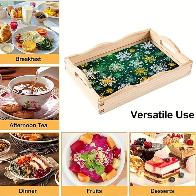 BAYUNOE DIY Diamond Serving Tray Christmas Rectangular Breakfast Tray with Handle Handmade Diamond Art Painting Wooden Tray for Dinner Plate Coffee Room Living Home Organizer-Snowflake