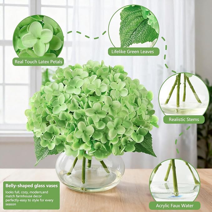 Real Touch Faux Hydrangea Flowers in Glass Vase, No Watering Needed Silk Hydrangea Artificial Flowers for Farmhouse Wedding Decor Dining Table Centerpiece Bedroom Decor