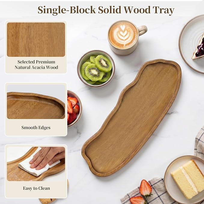 Small Wooden Tray | Acacia Wood Tray for Vanity, Bathroom Counter, Coffee Table & Toilet | Perfect for Jewelry, Remote, Perfumes & Catch All | Mini Charcuterie Board Serving Platter (Cloud Shape)