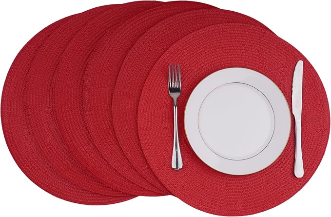 Round Braided Placemats Set of 6 Washable Easy to Clean Place Mats for Dining Tables Woven Non-Slip Heat Resistant Table Mats 15 Inch (Red)