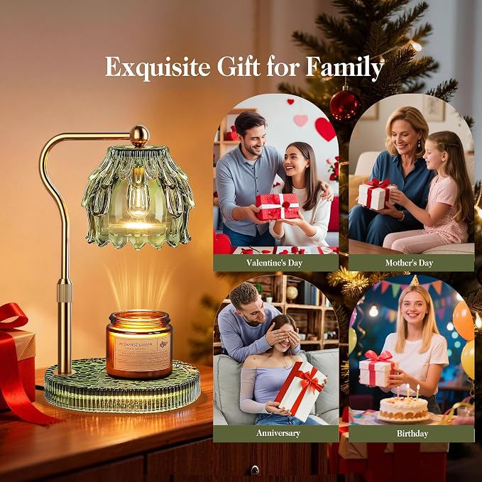 QiMH Candle Warmer Lamp with Timer Dimmer, Modern Wax Warmer for Scented Wax Jar Candle Warmer with 2 Bulbs, Adjustable Height Glass Lamp for Women, House Warming Gifts, Gold Green