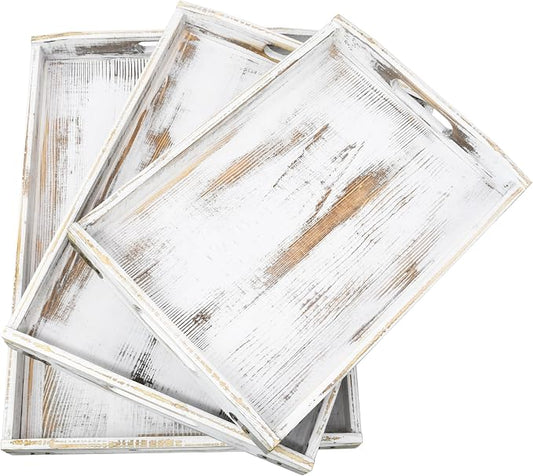 Owlgift Rustic White Wood Serving Trays with Brass Metal Wrap Accents, Set of 3