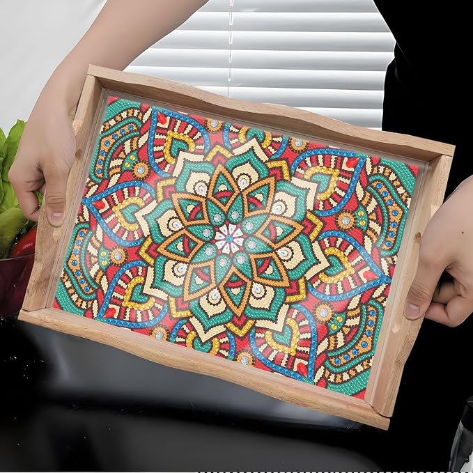Generic DIY Diamond Serving Tray Rectangular Upgrade Increase Breakfast Tray with Handles Handmade Diamond Art Painting Wooden Tray Dinner Plate for Coffee Living Room Home Organizer-Mandala07