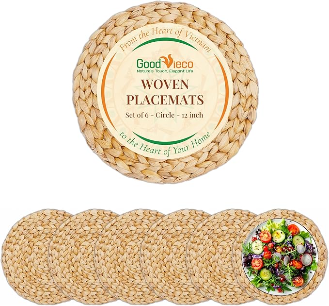 Woven Placemats Set, Handcrafted Water Hyacinth Round Rattan Place Mats for Dining Table, Natural Boho Wicker Farmhouse Table Decor, Indoor Outdoor Chargers (6, Round - 12in)
