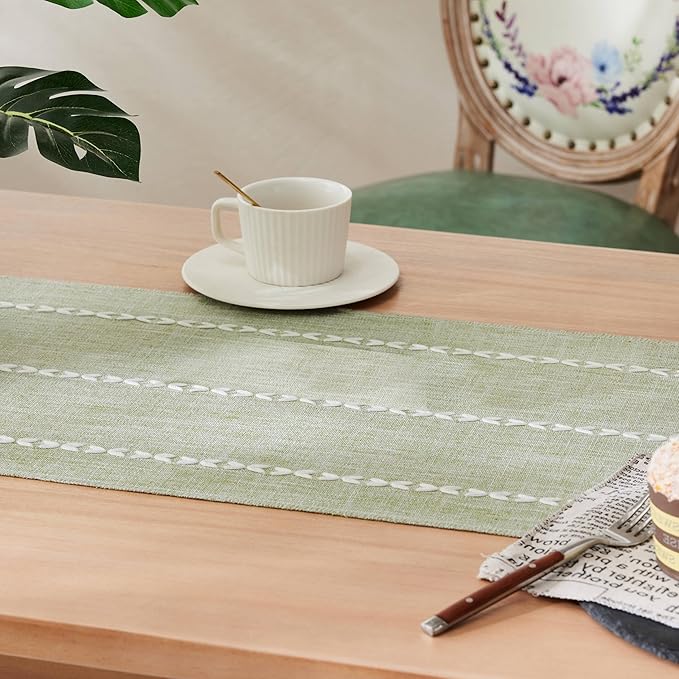 Braided Farmhouse Table Runner,Braided Sage Green 13x108 Inch, Cotton Linen Table Runners 108 Inches Long, Embroidered Striped Sage Green Boho Table Runner Rustic Home Decor