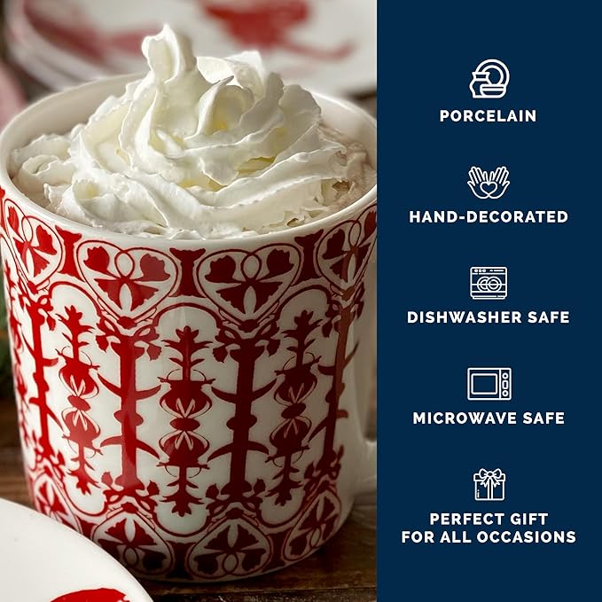 Caskata Casablanca Crimson Oversized Mugs Set of 4 | High-Design Premium Red Lead-Free Porcelain Mug Set for Entertaining or Everyday | Unique Party Mugs for Wedding or Birthdays | 14 oz