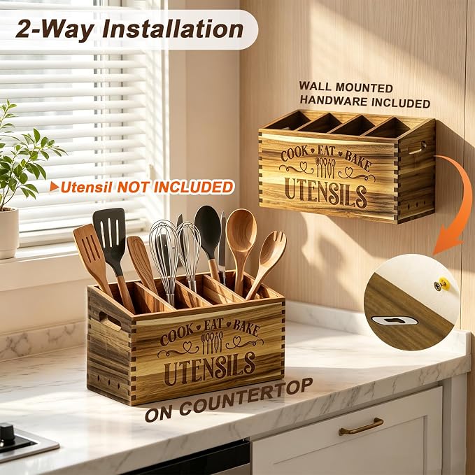 Large Acacia Wooden Utensil Holder for Kitchen Countertop | 4 Compartment Utensils Organizer Kitchen Counter Rustic Farmhouse Utensils Holder for Cooking Tools Storage Spatula Spoon
