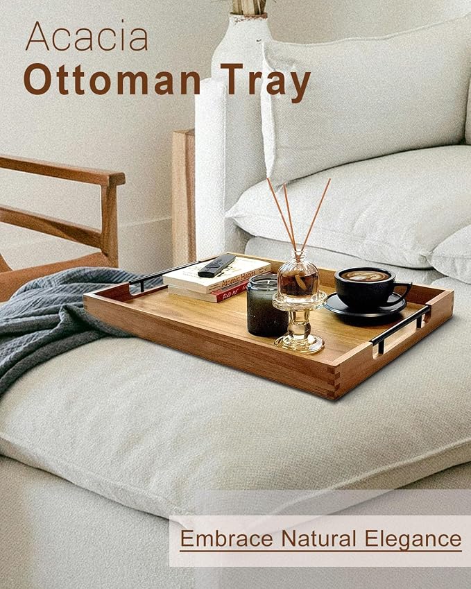 22 inches Acacia Wood Rectangular Ottoman Serving Tray with Metal Handles | Large Decorative Wooden Tray for Living Room Kitchen Coffee Table Couch Bed