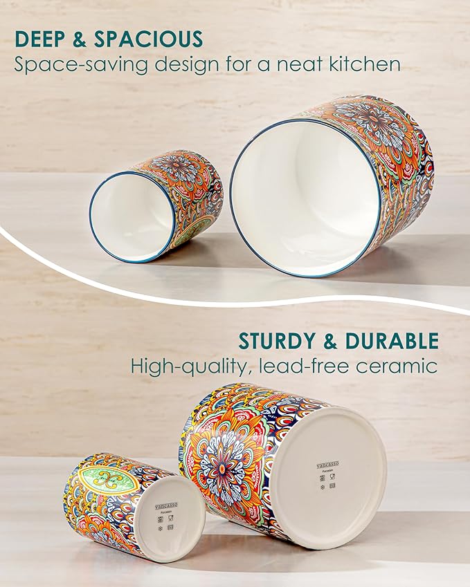 vancasso SIMI Utensil Holder, 7.3"+5.5" Porcelain Kitchen Utensil Holder for Countertop, Bohemian Kitchen Utensil Organizer for Spatulas, Spoons, Ladles, Decorative Counter Utensil Crock, Regal Bloom
