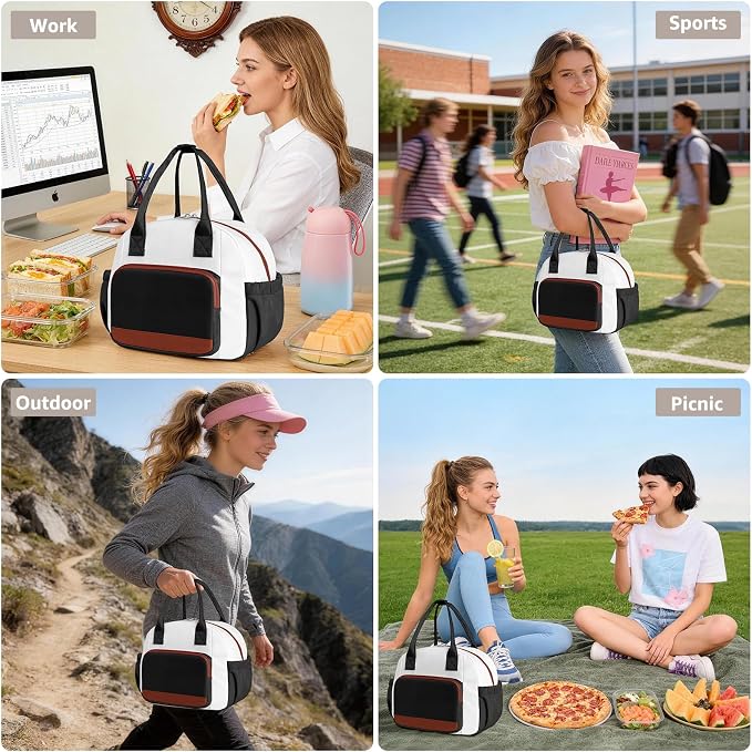 Stylish Color-blocked Lunch Bag for Women, Leakproof Lunch Box for Adult Girls, Large Capacity Reusable Lunch Box for Work Picnic Travel (Black with Off White with Brown)