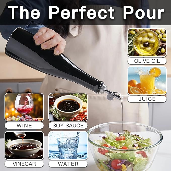 YOLIFE Olive Oil Dispenser Bottle, 16oz Ceramic Oil Dispenser for Kitchen, Oil Bottle with Gravity Spout, Leak Proof EVOO Dispensing Bottle with 2 Spouts and 1 Funnel for Vinegar, Juice(Black)