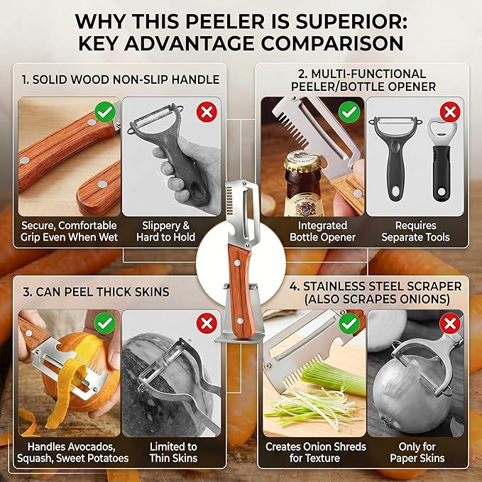 Multifunctional Vegetable Peeler for Kitchen,3 in 1 Stainless Steel Peeler with Wooden Handle and Bottle Opener Fruit Peeler Knife Scallion Shredder,Zero Snag Wooden Kitchen Tool
