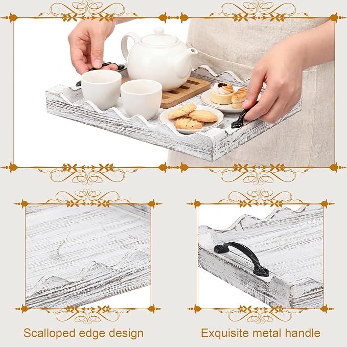 4 Pcs Rustic Wood Scalloped Serving Tray Wood Decorative Serving Tray with Handle Rustic Rectangular Platter 13 x 9.5 for Farmhouse Ottoman Breakfast Coffee Table Home Kitchen Decor(White)