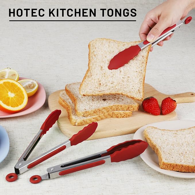 Hotec Mini Silicone Kitchen Tongs for Cooking - 7-Inch Small Serving Tongs with Silicone Tips, Set of 3 (Red)