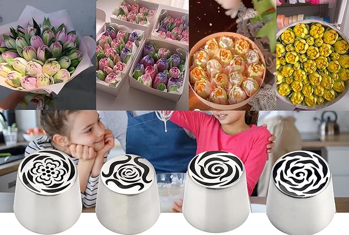 4pcs Russian Piping Tips Set Extra Large Stainless Steel Flower Icing Tips for Cake Decorating Buttercream Cupcake Cookie Decorating Supplies for Beginners Bakers