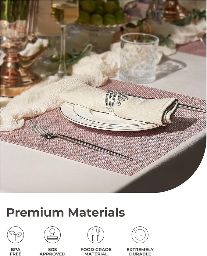 Leetaltree Sparkling Pink Iridescent Vinyl Woven Placemats, Set of 6, Waterproof Washable Dining Table Mats for Wedding, Anniversary, Daily Use & Decor