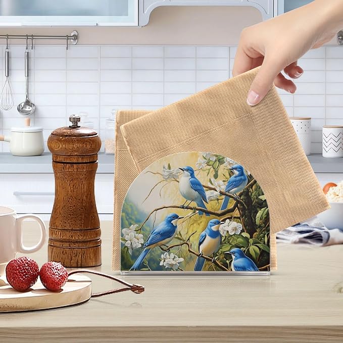 Fustylead Blue Bird White Flower Patterned Napkin Holder for Table Acrylic Vertical Napkin Holders for Paper Napkins Decor Napkin Dispenser for Home Party Dining Cocktail Kitchen Accessories, 2 PC