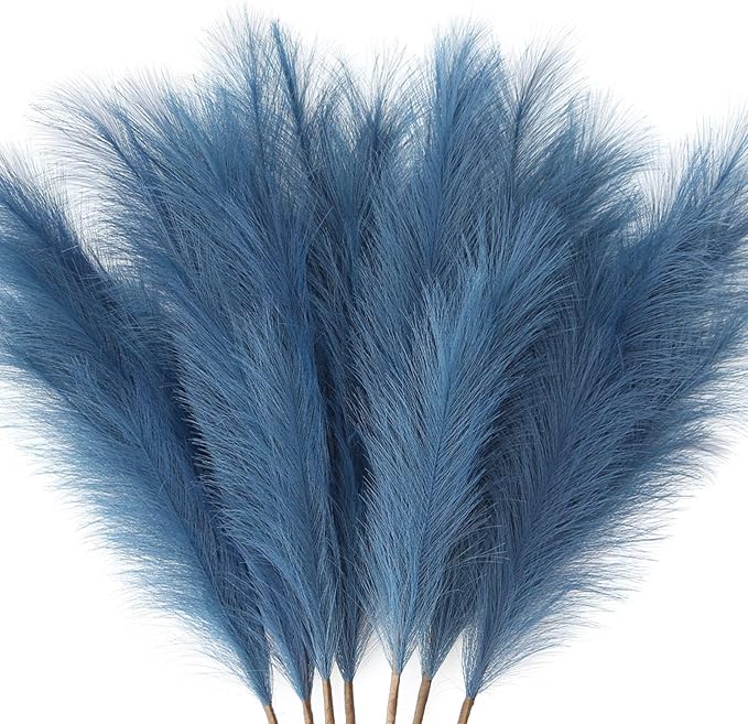 ZIFTY 7-Pcs 38"/3.1FT Blue Pampas Grass Large Tall Fluffy Artificial Fake Flower Boho Decor Bulrush Reed Grass for Bedroom Decor Vase Filler Farmhouse Home Wedding (Blue)