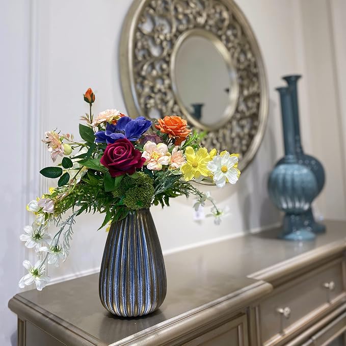 Artificial Faux Flowers in Vase, Silk Flower Arrangement Artificial Floral Centerpiece, Table Centerpieces for Dining Room Home Decor Valentine's Day Gift (Spring)