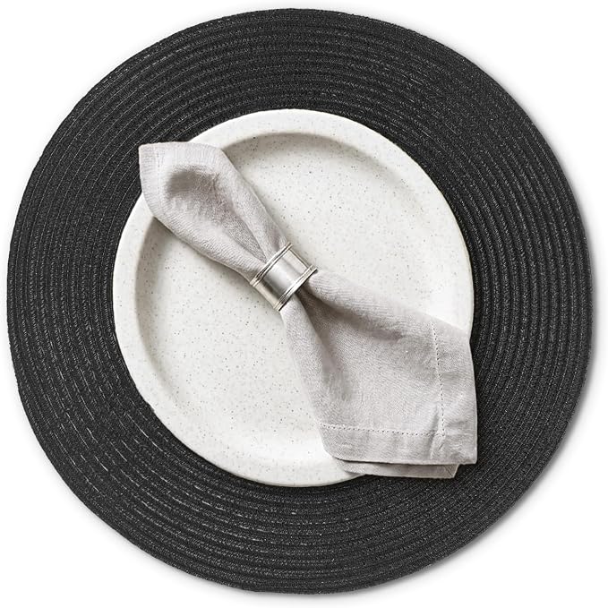 AHHFSMEI Round Braided Placemats Set of 6 Woven Table Mats for Dining Table Heat Resistant Easy to Clean Perfect for Kitchen & Home Decor (Black)