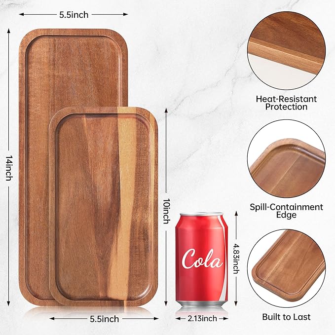 Acacia Wood Serving Platters and Trays - 14" x 5.5" Wooden Mini Charcuterie Boards, Small Cheese Board, Rectangle Wooden Tray for Kitchen Counter, Bathroom, Home Decor, Party (10, 14"X5.5")