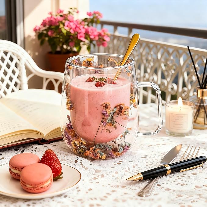 Double Wall Glass Coffee Mugs, Cute Clear Flower Cups with Handle, Unique Double Insulated Glass Cup for Cappuccino Tea Espresso Latte Hot Beverages, Birthday Gifts for Mother Women (12oz)