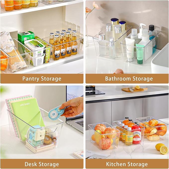 Freebat 12 Pack Middle Organizers and Storage, Pantry Organization and Storage Bins, Cabinet Organizer, Clear Plastic Storage Containers with Handle，Acrylic Storage Bins for Cabinet, Fridge