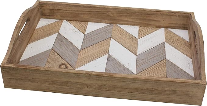 Stonebriar Decorative Rectangle Multicolor Chevron Wood Tray with Handles, 18" x 12"