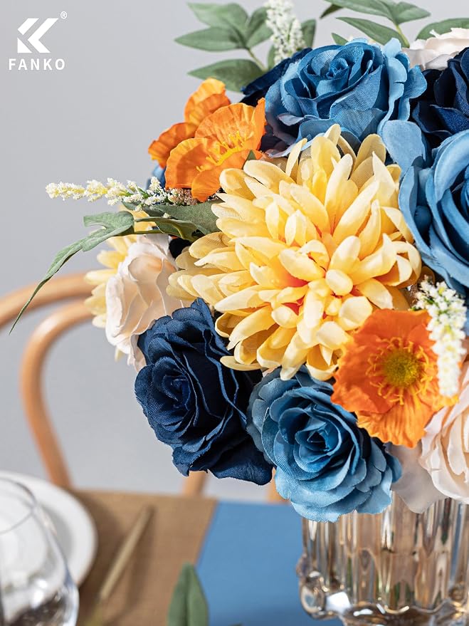 FANKO Artificial Flowers for DIY, Blue Peach Orange Yellow Faux Flowers Bouquet, Colorful Fake Rose Daisy Poppy Silk Flowers for Vase, Home Decor, Garland, Summer Wedding, Birthday, Party
