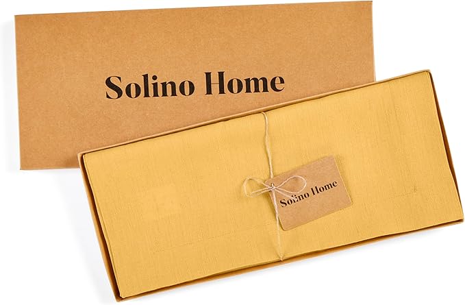Solino Home Linen Table Runner 108 Inches Long - 100% Pure Linen Mustard Yellow Table Runner 14 x 108 Inch for Spring, Summer - Fete
