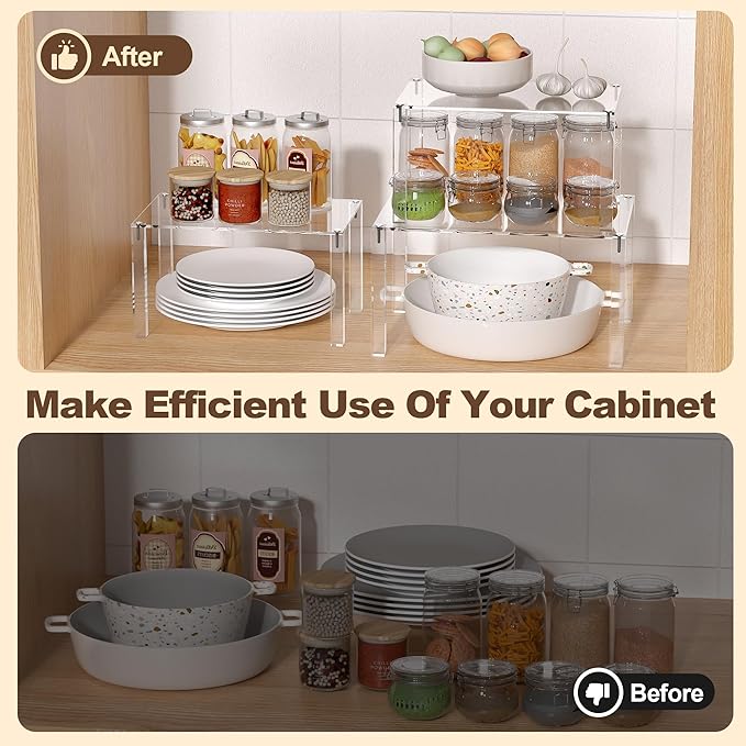Acrylic Cabinet Organizer, Set of 4 Stackable Spice Rack for Kitchen Organizer Storage Countertop Spice Organization for Cabinet Display Shelves(Clear)