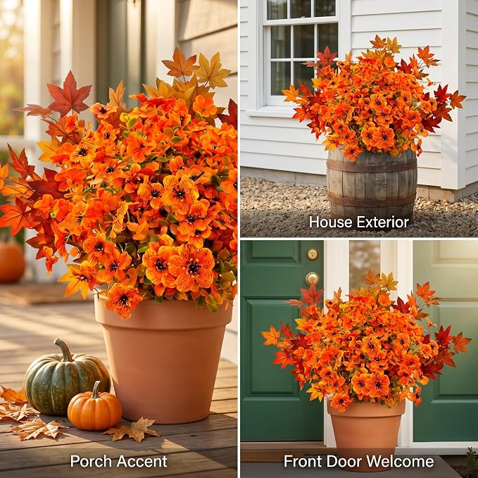 10Pcs Artificial Fall Flowers Outdoor UV Resistant, Faux Mums Orange Silk Flowers with 3-Tone Maple Leaves for Porch Planters, Thanksgiving Autumn Harvest Decor, 14 Inch
