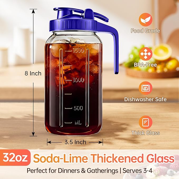 32oz Glass Pitcher with Lid & Spout – 1 Quart Mason Jars, Airtight & Leakproof Breastmilk Pitcher for Cold Brew Coffee, Sun Tea, Water, Juice – Wide Mouth, Fridge Safe