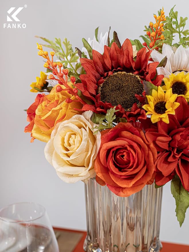 FANKO Artificial Flowers for DIY, Orange Yellow Brown Red Faux Flowers Bouquet, Fake Rose Sunflowers Dahlia Daisy Silk Flowers for Vase, Home Decor, Garland, Summer Wedding, Birthday, Party