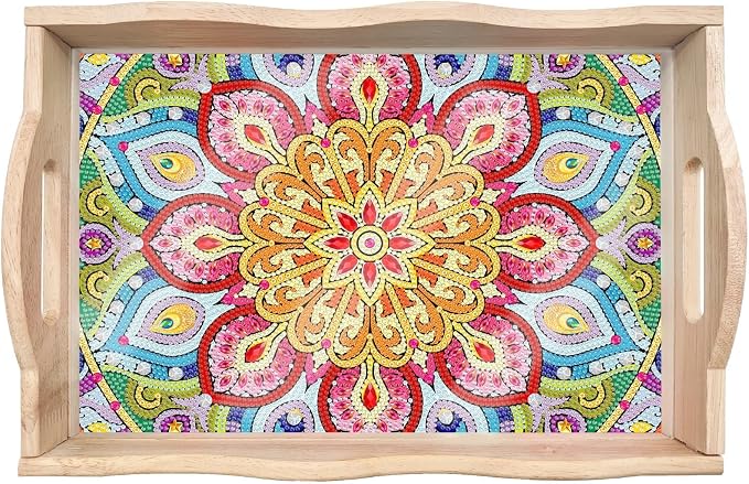 Generic DIY Diamond Serving Tray Rectangular Upgrade Increase Breakfast Tray with Handles Handmade Diamond Art Painting Wooden Tray Dinner Plate for Coffee Living Room Home Organizer-Mandala09