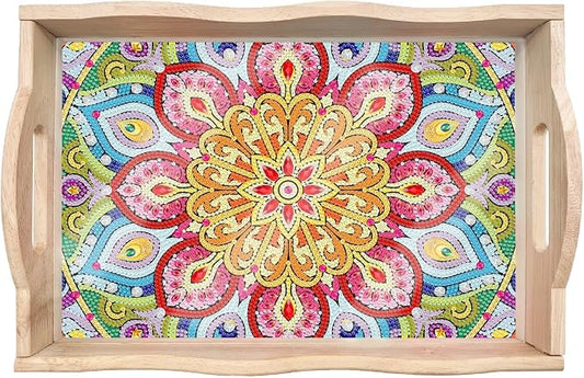 Generic DIY Diamond Serving Tray Rectangular Upgrade Increase Breakfast Tray with Handles Handmade Diamond Art Painting Wooden Tray Dinner Plate for Coffee Living Room Home Organizer-Mandala09