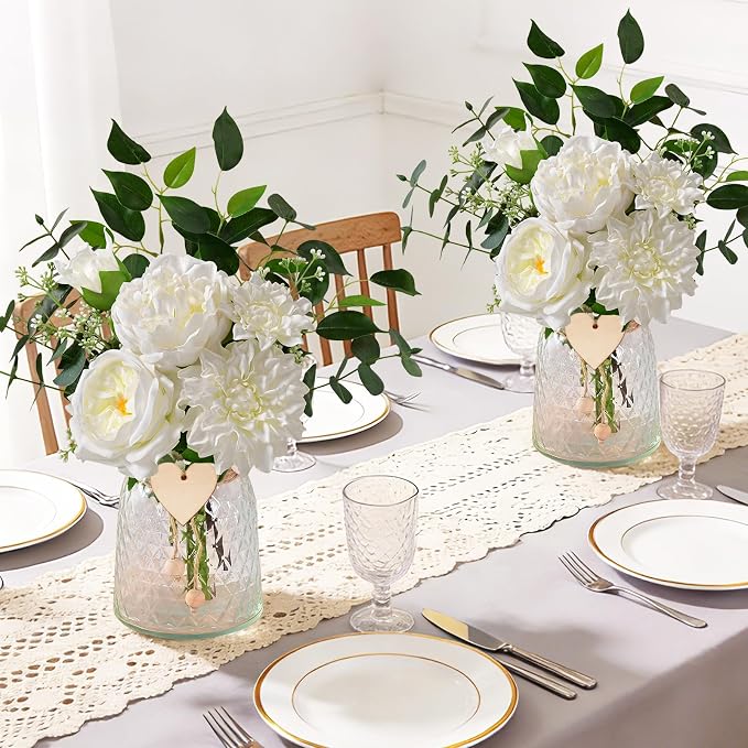 Livole Fake Flowers with Vase, White Real Touch Silk Artificial Flowers in Vase, Fake Plant Eucalyptus Flower Arrangement for Table Centerpieces, Table Decorations for Living Room, Coffee Table, Home